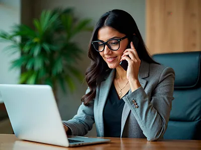 Executiva alegre trabalhando pelo computador