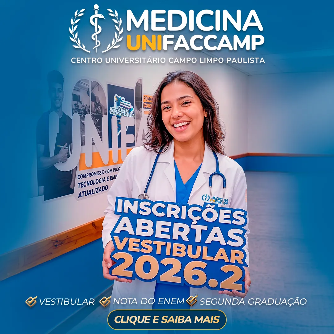 Banner com a imagem de uma aluna em uma sala de estudo de Medicina. O banner tem o texto "Medicina UNIFACCAMP. Vestibular, nota do ENEM e segunda graduação. Inscrições abertas do Vestibular 2026.2"