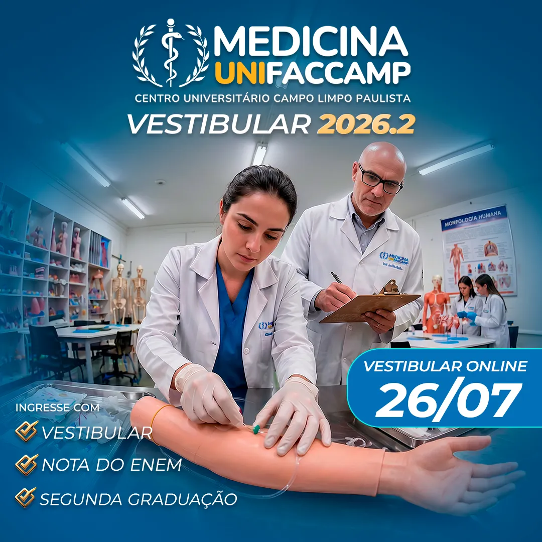Divulgação do Vestibular de Medicina 2026.2, com imagem de aluna em aula prática com professor e com o texto "Ingresse com vestibular, nota do ENEM ou segunda graduação. Vestibular online: 26/07"