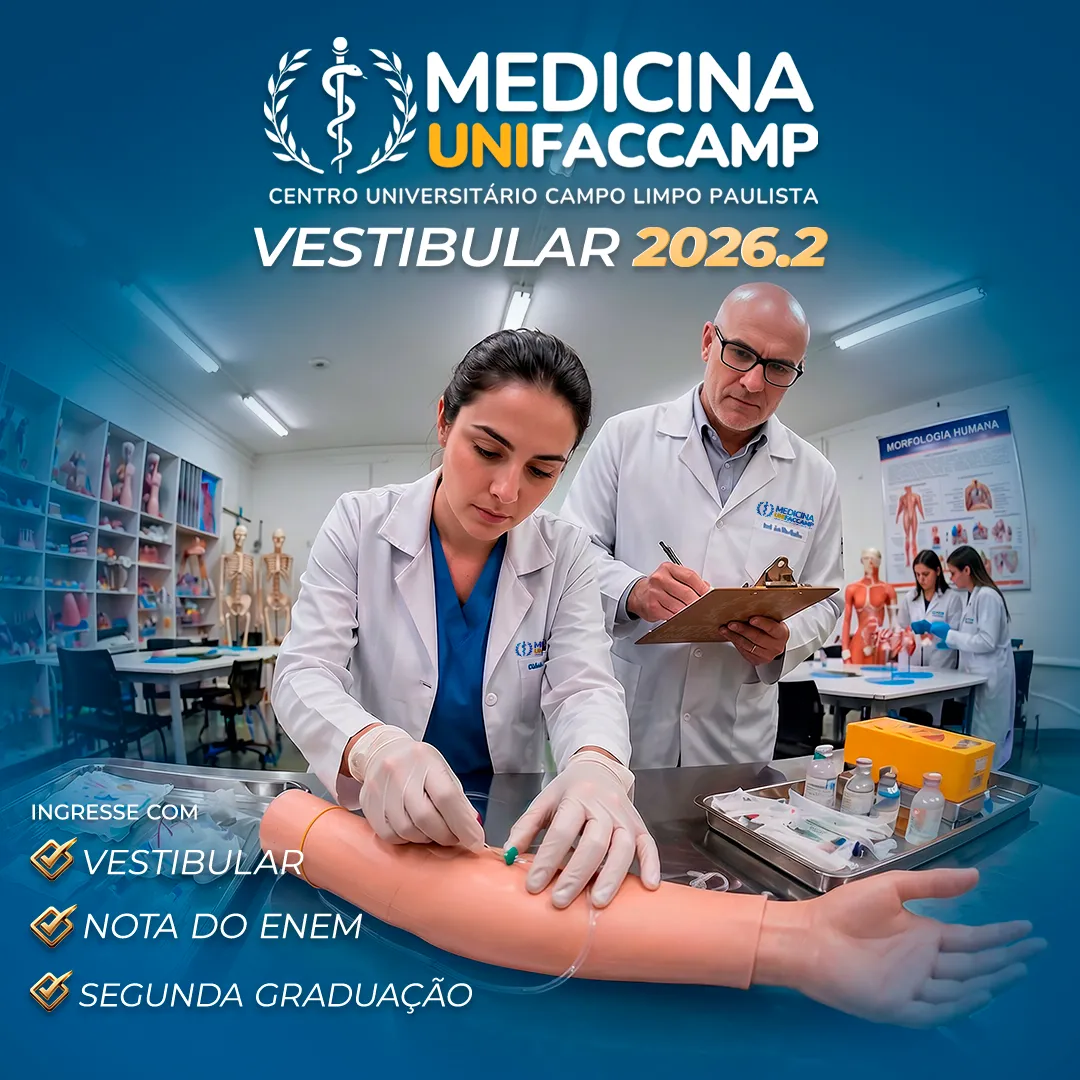 Banner do Vestibular de Medicina 2026.2, com imagem de aluna em aula prática com professor e com o texto: Ingresse com vestibular, nota do ENEM ou segunda graduação